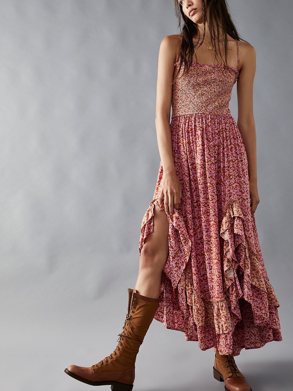Free People Pink Floral High-Low Smocked Maxi Dress